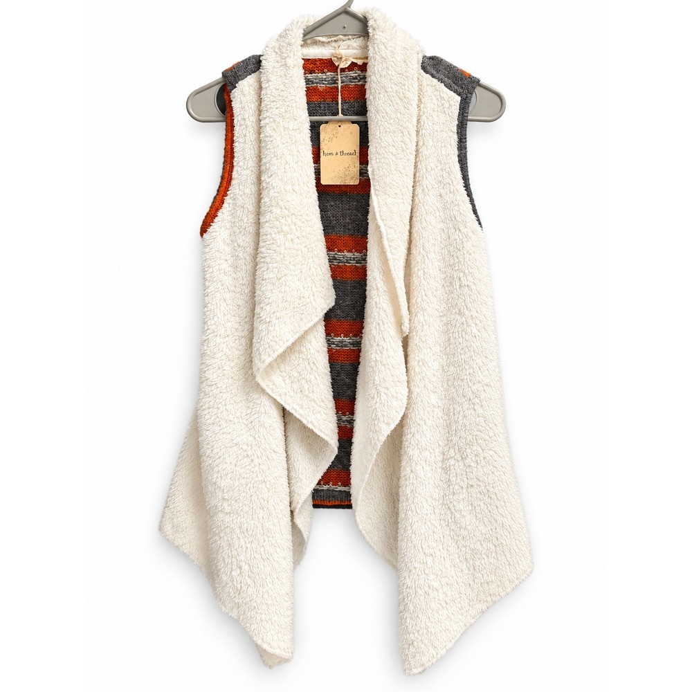 Hem & Thread Faux Shearling Draped Vest Medium Orange Grey Fair Isle Knit Pocket